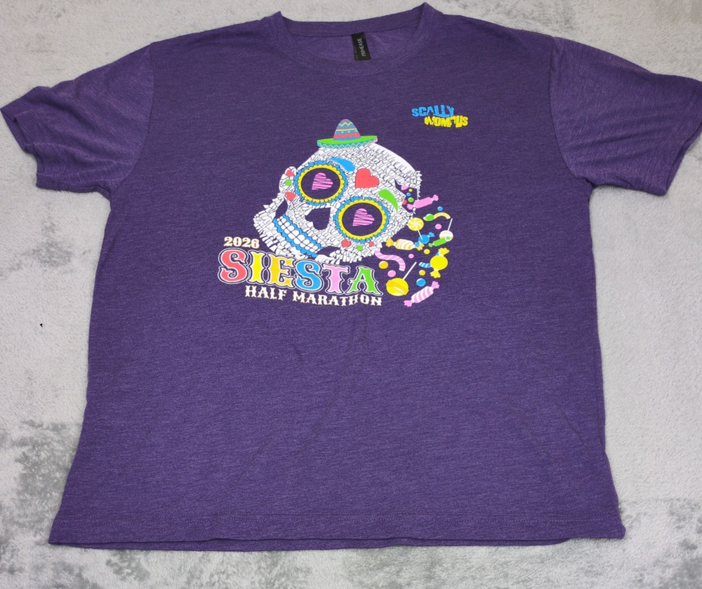 Primease 2026 Siesta Scally Wompus Half Marathon Purple Tee Colorful Skull Sz L